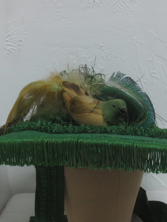 Handmade Hat Emerald Velvet Bespoke 1880s Vintage Fringe Bird Trimmed Tie-on OS